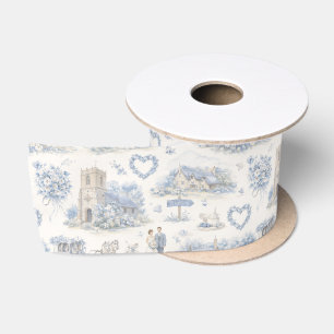 English Village Wedding Watercolor Pattern Blue Satin Ribbon
