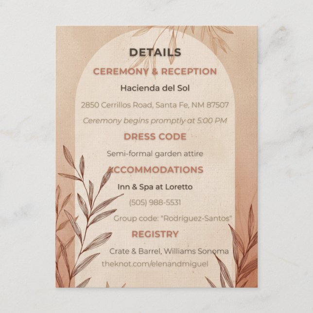 English Wedding Details Card Terracotta Arch (Front)