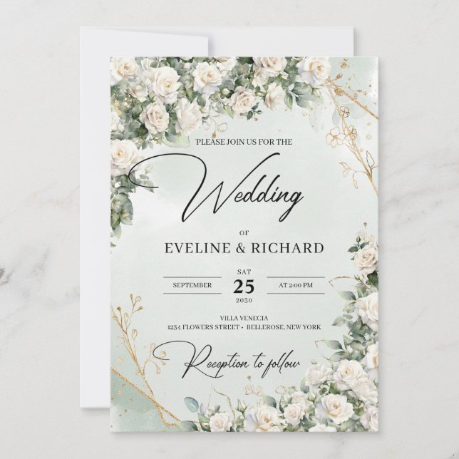 English white roses eucalyptus greenery and gold invitation (Front)