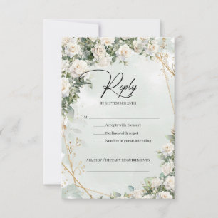 English white roses eucalyptus greenery and gold RSVP card