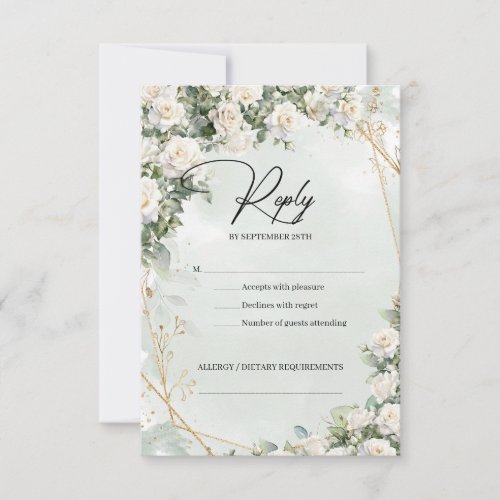 English white roses eucalyptus greenery and gold RSVP card