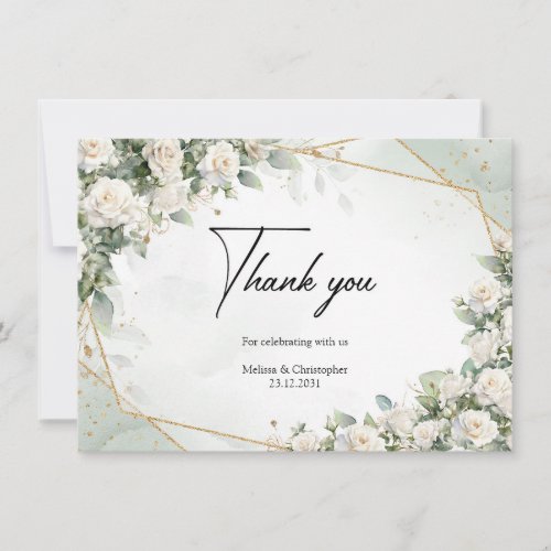 English white roses eucalyptus greenery and gold thank you card