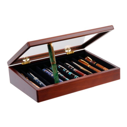 Engraved 10 Pen Display Case with Glass Top (3/4)