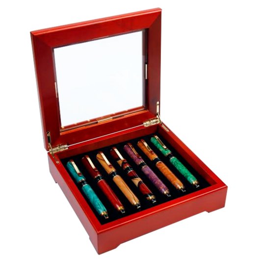 Engraved 7 Pen Display Case with Glass Top (Open)