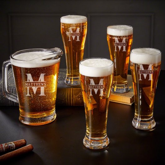 Engraved Beer Pitcher w/ Set of 5 Pilsner Glasses (Full Set)