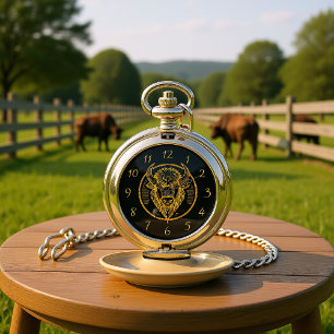 Engraved Bison Buffalo Head in Circular Design Pocket Watch
