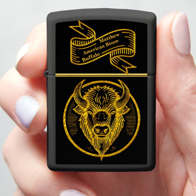 Engraved Bison Buffalo Head in Circular Design Zippo Lighter (In Hand)