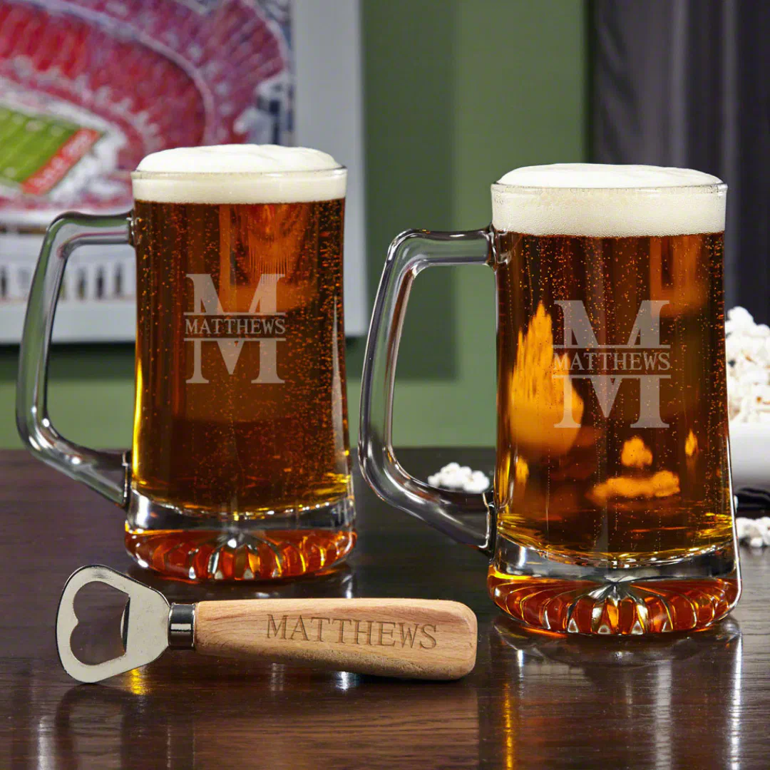 Engraved Bottle Opener Set and Oakmont Beer Mugs (Front)