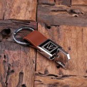 Engraved Box and Brown Leather & Steel Keychain (Top)