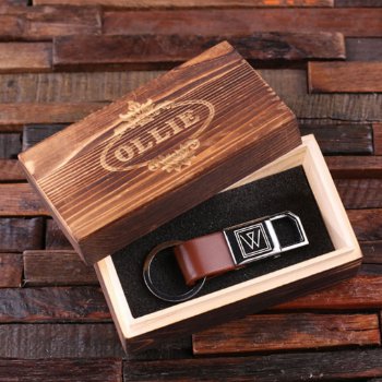 Engraved Box And Brown Leather & Steel Keychain by tealsprairie at Zazzle