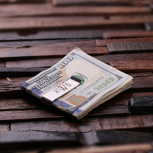 Engraved Box & Modern Monogram Steel Money Clip (Top)