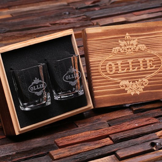 Engraved Box & Pair of Modern Shot Glasses (Inside)