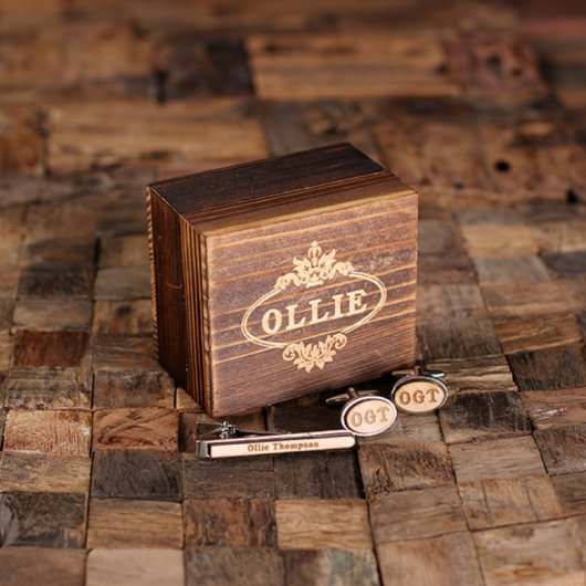 Engraved Box Set: Wooden Tie Bar & Oval Cufflinks (Front)