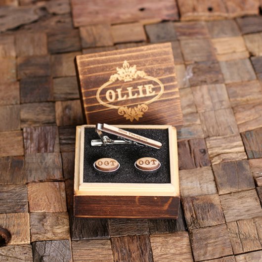 Engraved Box Set: Wooden Tie Bar & Oval Cufflinks (Inside)