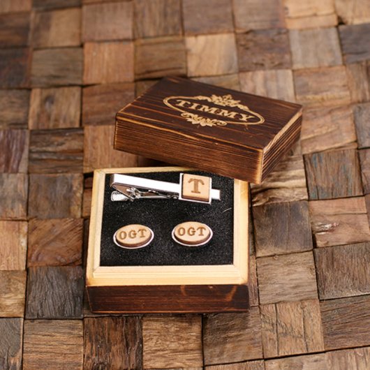 Engraved Box Set: Wooden Tie Bar & Oval Cufflinks (Inside)