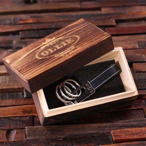 Engraved Box with Black Leather  Steel Keychain