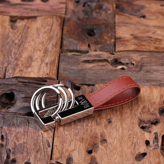 Engraved Box with Brown Leather & Steel Keychain (Top)