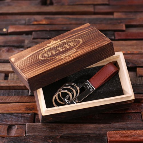 Engraved Box with Brown Leather  Steel Keychain