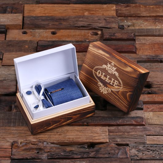 Engraved Box with Clip and Blue Squares Tie (Inside)