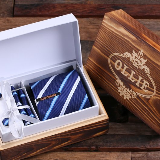 Engraved Box with Clip and Dark Blue Striped Tie (Inside)