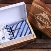 Engraved Box with Clip & Light Blue Striped Tie (Inside)