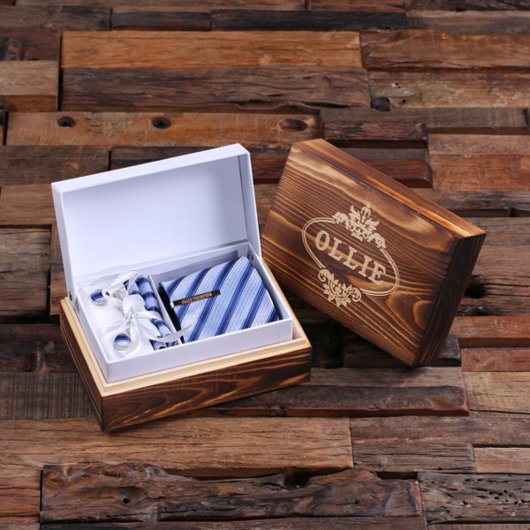Engraved Box with Clip & Light Blue Striped Tie (Inside)