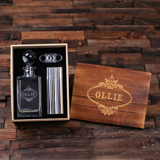 Engraved Cigar Set with Case, Cutter and Decanter (Inside)