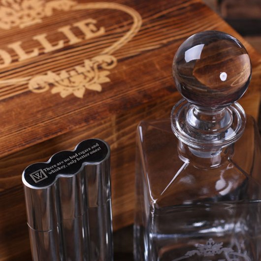 Engraved Cigar Set with Case, Cutter and Decanter (Top)