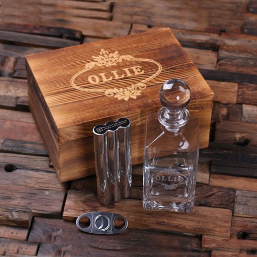 Engraved Cigar Set with Case Cutter and Decanter