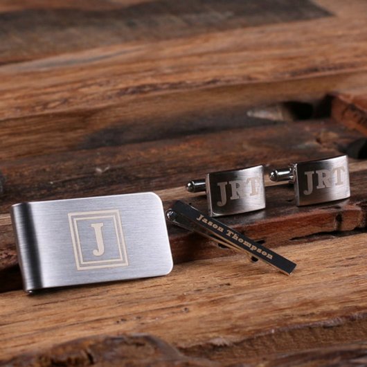 Engraved Cufflink Set with Tie Bar and Money Clip (Front)