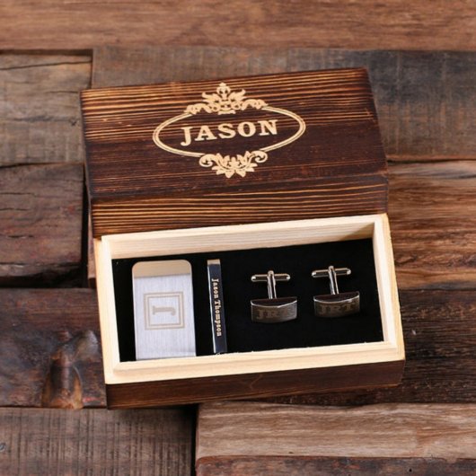 Engraved Cufflink Set with Tie Bar and Money Clip (Front)