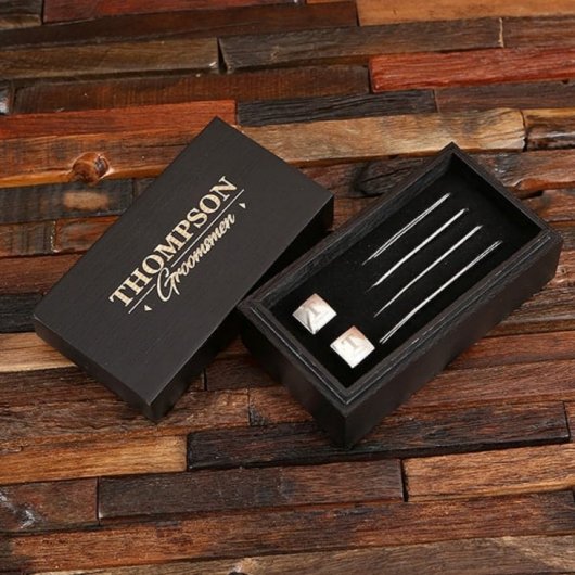 Engraved Cufflinks with Charming Collar Stays (Front)