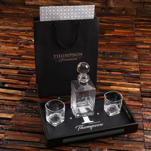 Engraved Decanter  Bar Tray with Whiskey Glasses
