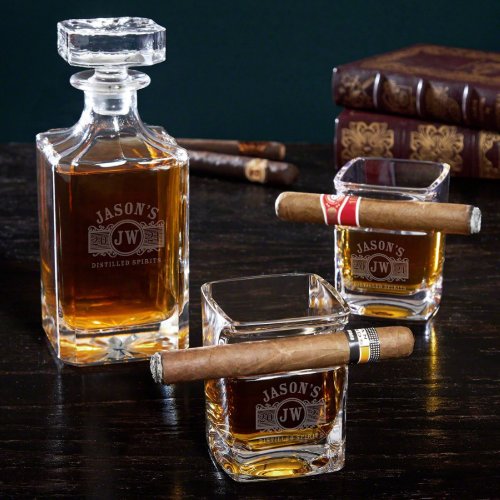Engraved Decanter w Set of Cigar Whiskey Glasses