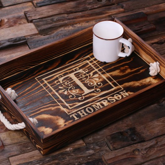 Engraved Decorative Monogram Wooden Serving Tray (Front)