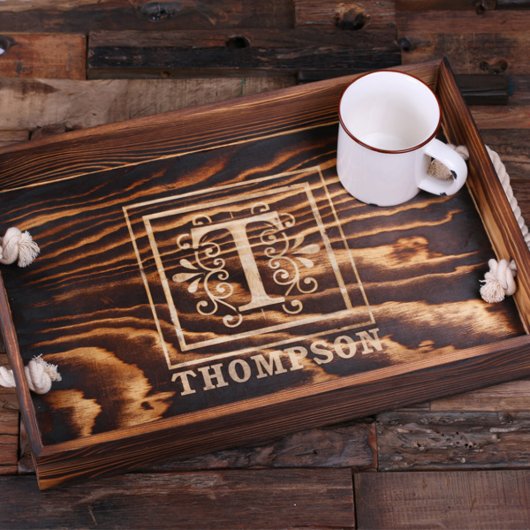 Engraved Decorative Monogram Wooden Serving Tray (Top)
