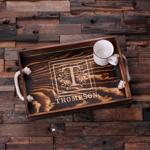 Engraved Decorative Monogram Wooden Serving Tray