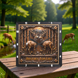 Engraved Deer Stag Pair Forest Square Wall Clock