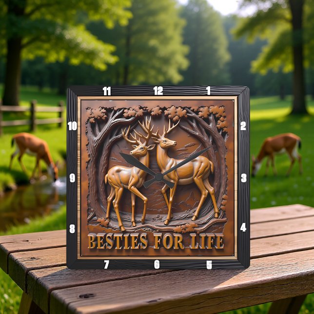 Engraved Deer Stag Pair Rustic Square Wall Clock (Creator Uploaded)