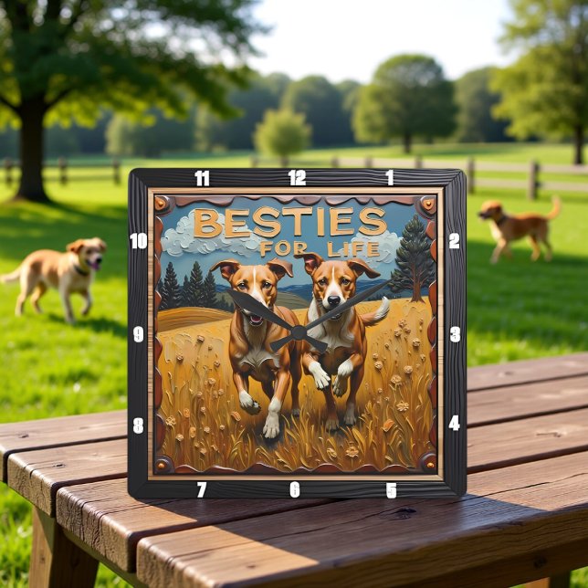 Engraved Dog Pair Blue Sky Field Square Wall Clock (Creator Uploaded)