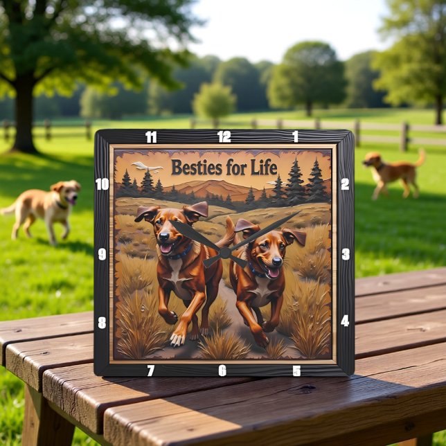 Engraved Dog Pair Mountain Pine Square Wall Clock (Creator Uploaded)