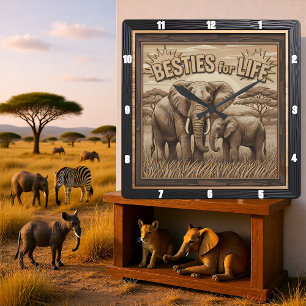 Engraved Elephant Mother Baby Savannah Square Wall Clock