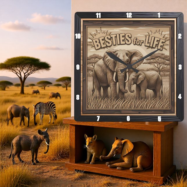 Engraved Elephant Mother Baby Savannah Square Wall Clock (Creator Uploaded)