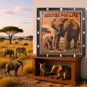 Engraved Elephant Sunset Savannah Square Wall Clock