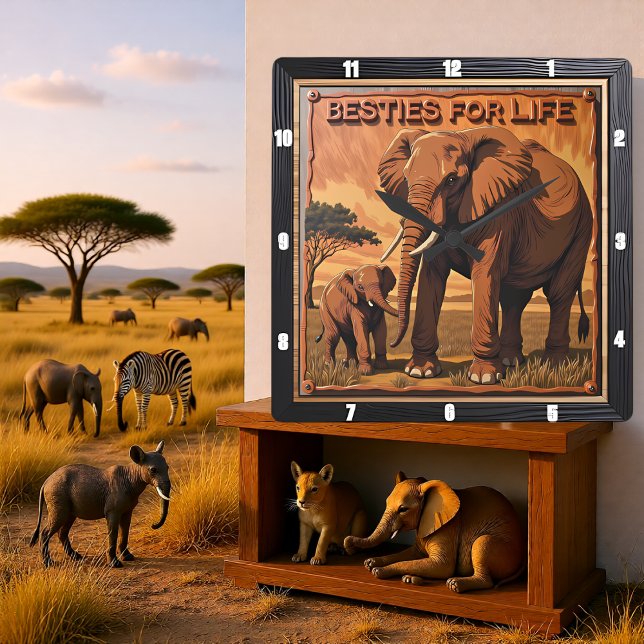 Engraved Elephant Sunset Savannah Square Wall Clock (Creator Uploaded)