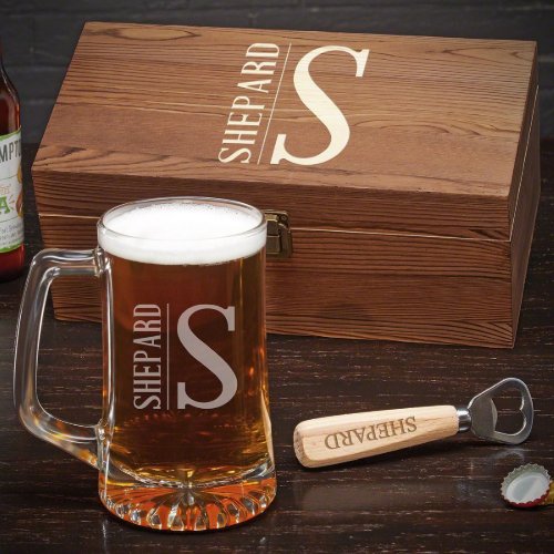 Engraved Elton Bottle Opener Set With Beer Mug