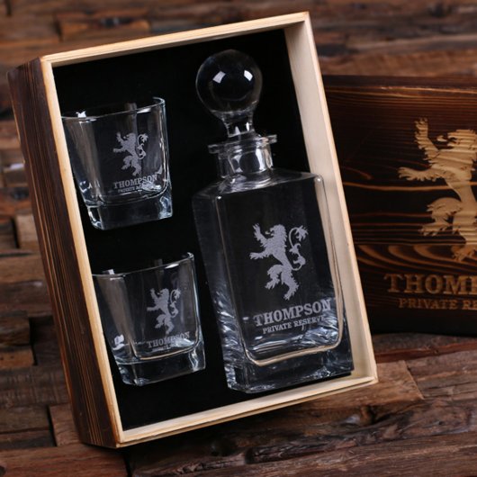 Engraved English Lion Whiskey Glasses & Decanter (Inside)