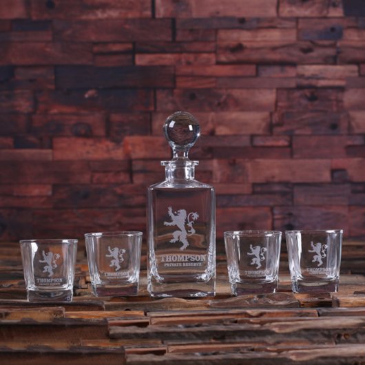 Engraved English Lion Whiskey Glasses & Decanter (Front)