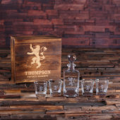 Engraved English Lion Whiskey Glasses & Decanter (Front)