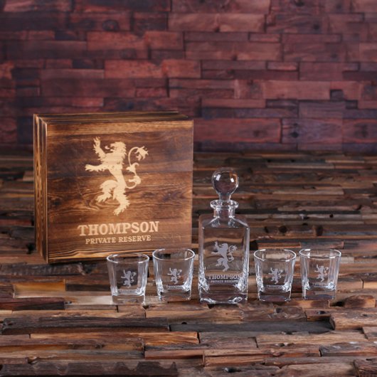 Engraved English Lion Whiskey Glasses & Decanter (Front)